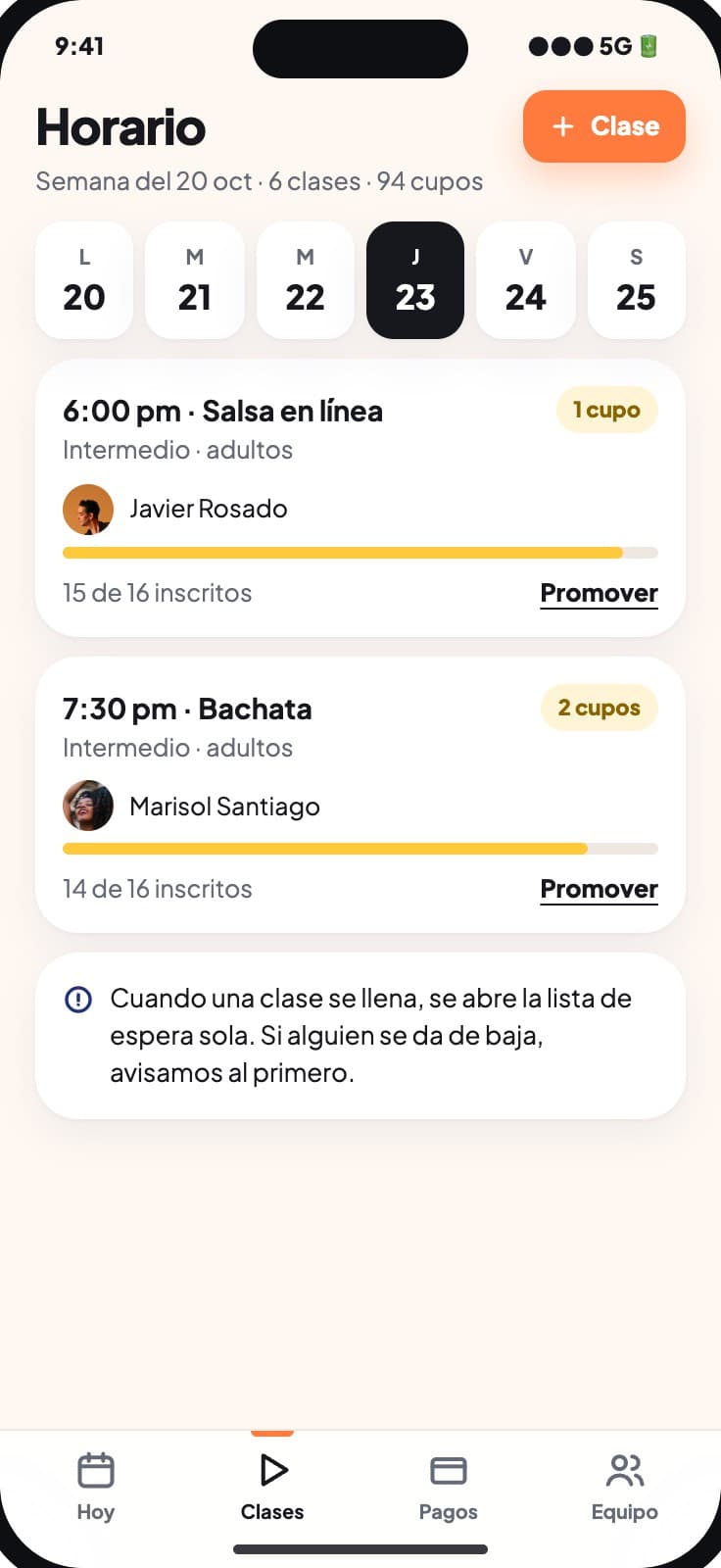 Horario y cupos