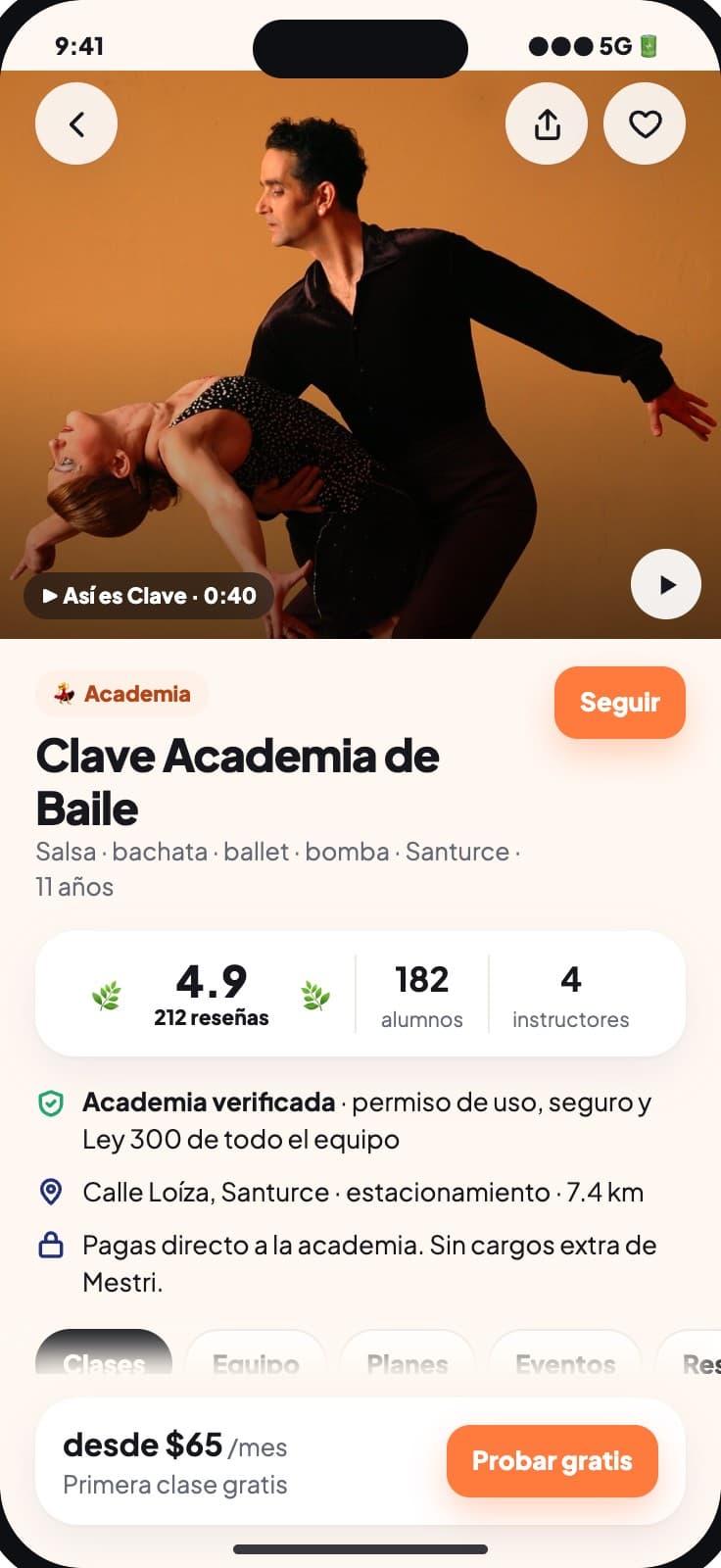 Página de una academia de baile