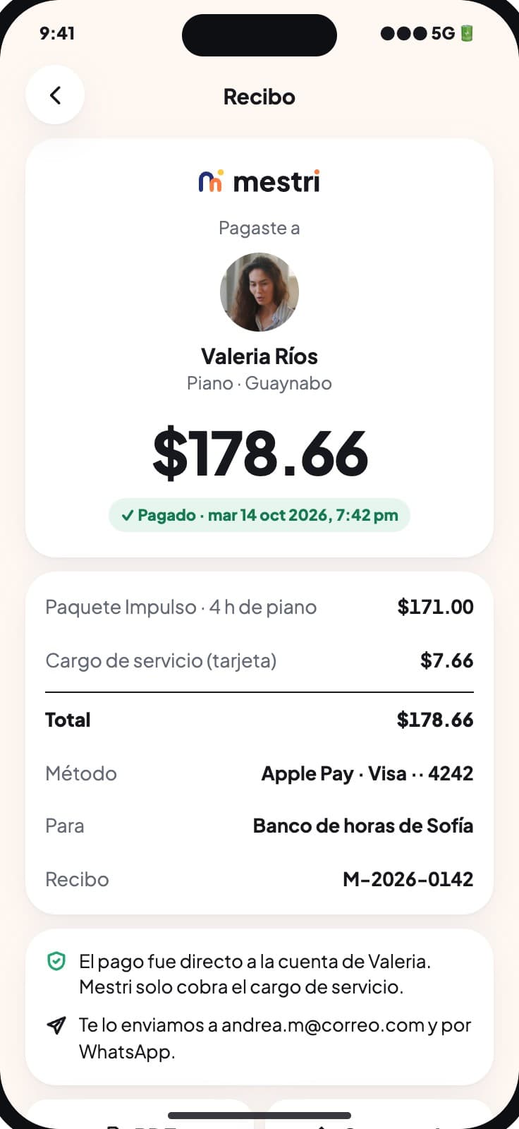 Recibo de un paquete de horas