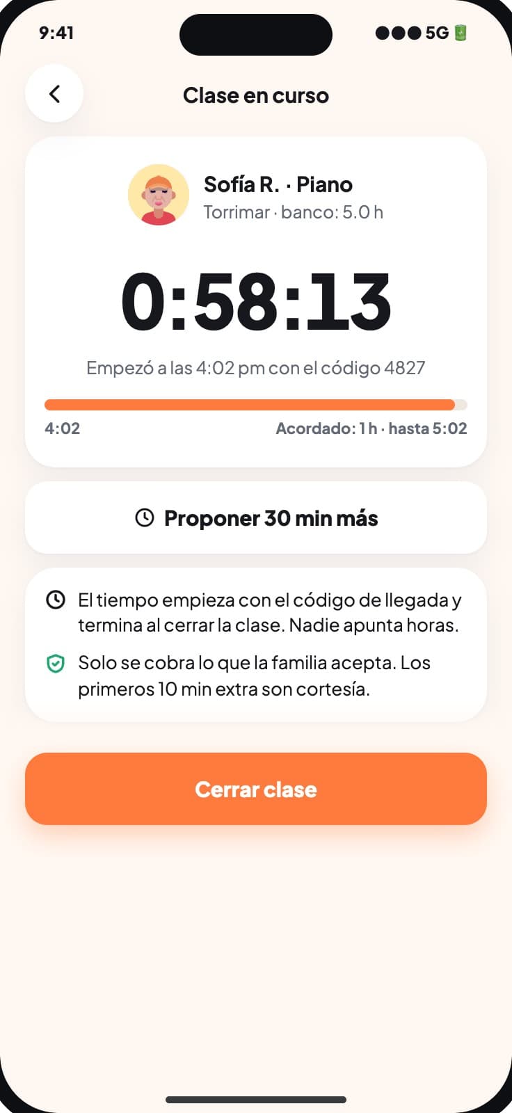 Clase en curso con el tiempo medido